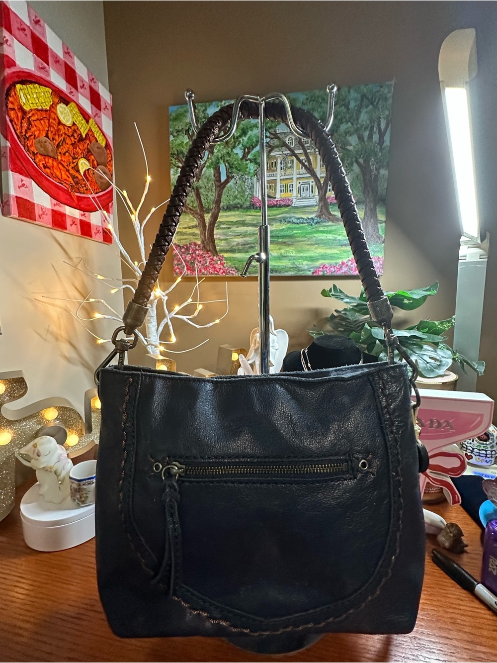 The Sak Navy Braided Handle Leather Shoulder Bag